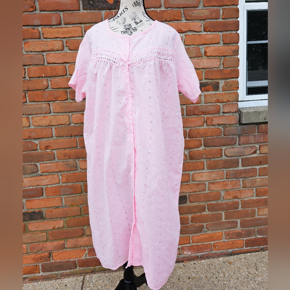 VTG Lati Fashion Babydoll House Dress Eyelet Lace Detail 3X (L/XL Fit) Pink Cott